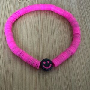 Handmade Polymer Clay Stretch Bead Bracelet Pink Smiley 7 inches